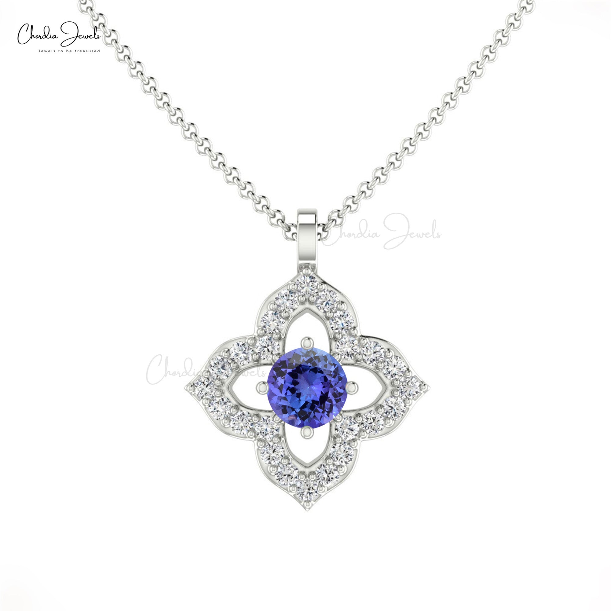 Floral Wedding Charm With 3mm Tanzanite And Diamond Accents In 14k Solid Gold Pendant