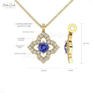 Floral Wedding Charm With 3mm Tanzanite And Diamond Accents In 14k Solid Gold Pendant