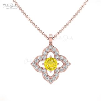 Gemstone Floral Pendant With 3mm Yellow Sapphire And Diamond Pendants In 14k Real Gold