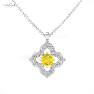 Gemstone Floral Pendant With 3mm Yellow Sapphire And Diamond Pendants In 14k Real Gold