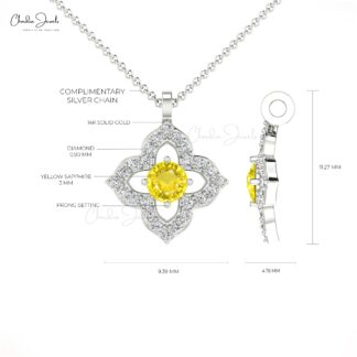 Gemstone Floral Pendant With 3mm Yellow Sapphire And Diamond Pendants In 14k Real Gold