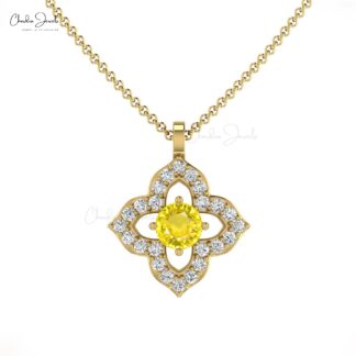 Gemstone Floral Pendant With 3mm Yellow Sapphire And Diamond Pendants In 14k Real Gold