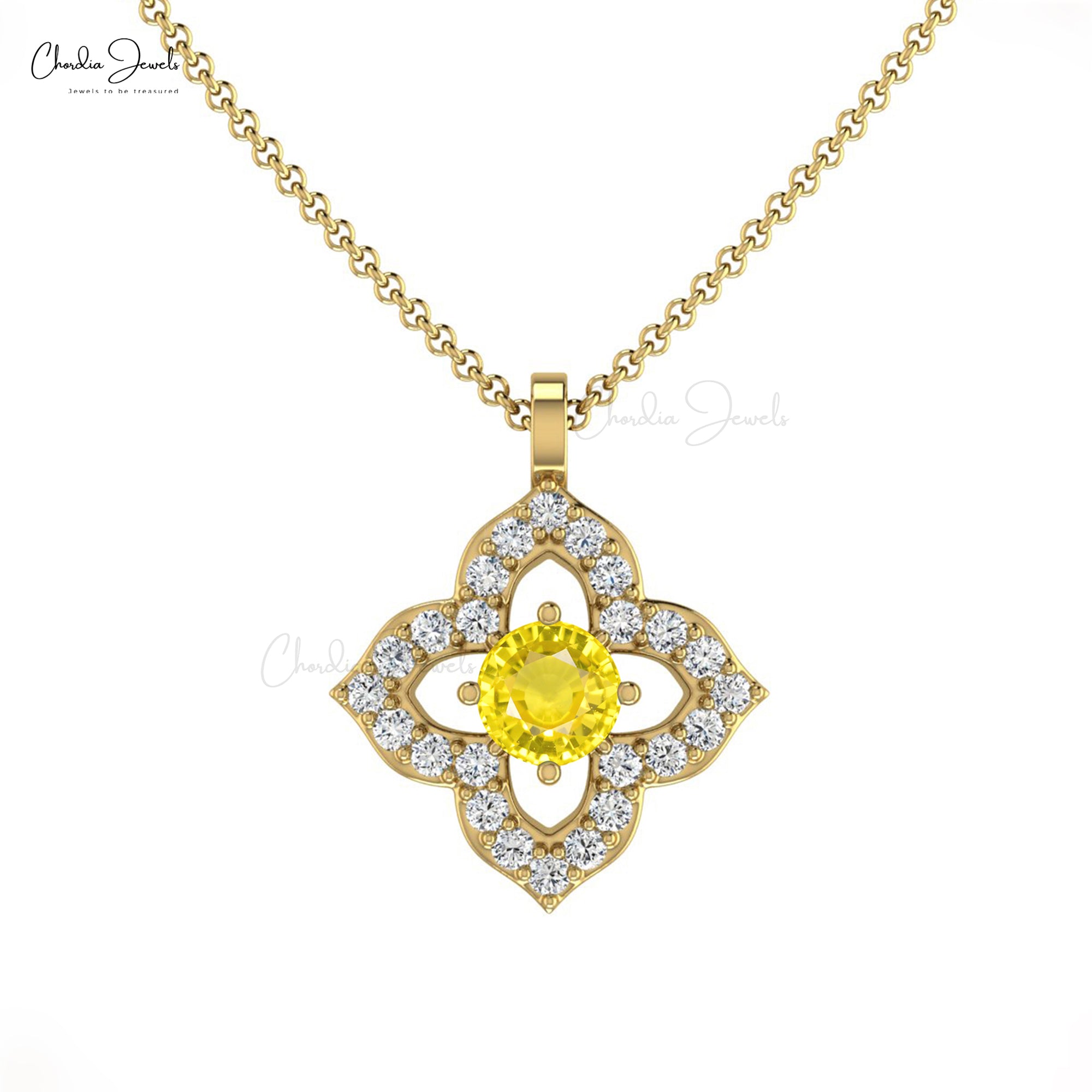 Gemstone Floral Pendant With 3mm Yellow Sapphire And Diamond Pendants In 14k Real Gold