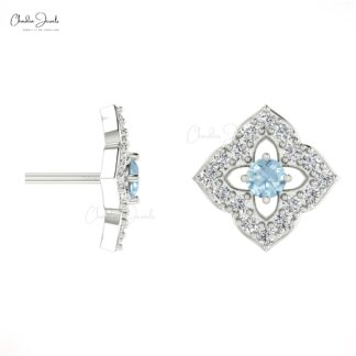 Stunning Round Cut Aquamarine Stud Earrings in 14K Gold with G-H Diamond