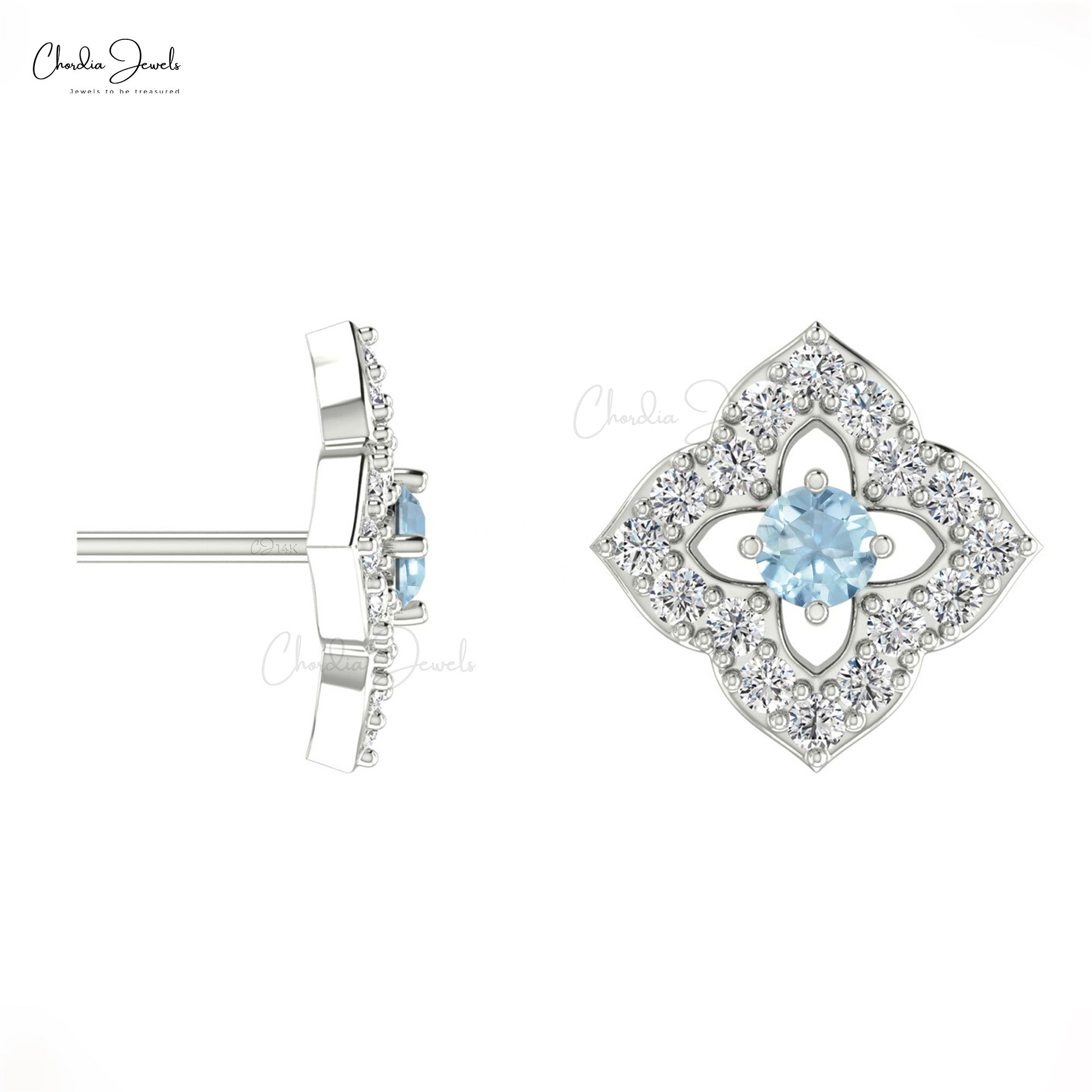 Stunning Round Cut Aquamarine Stud Earrings in 14K Gold with G-H Diamond