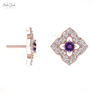 Round 2mm Cut Natural Amethyst Floral Studs, 0.10 Ct Pave Set Diamond Stud Earrings, 14k Solid Gold February Birthstone Gemstone Fine Jewelry