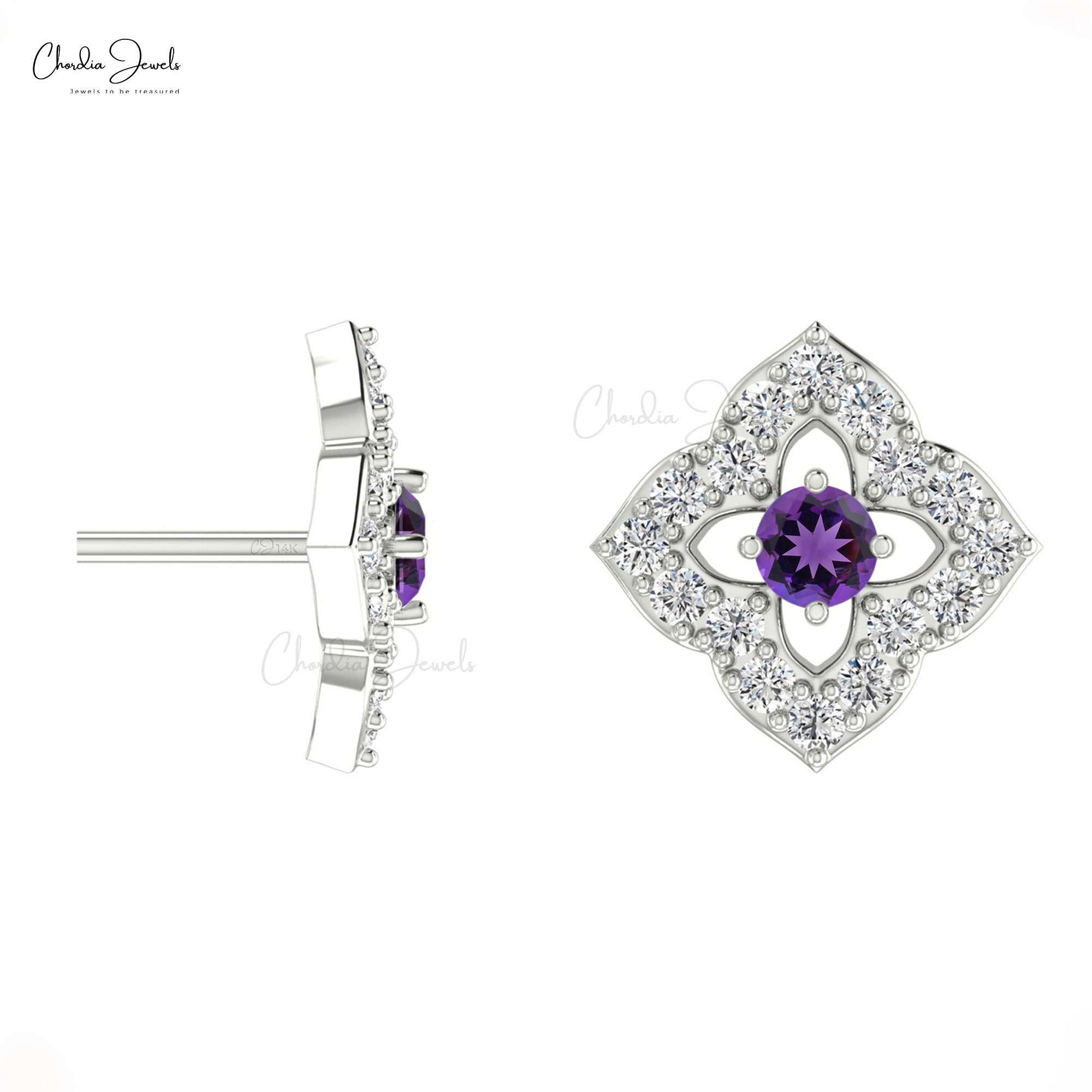 Round 2mm Cut Natural Amethyst Floral Studs, 0.10 Ct Pave Set Diamond Stud Earrings, 14k Solid Gold February Birthstone Gemstone Fine Jewelry