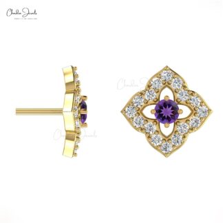 Round 2mm Cut Natural Amethyst Floral Studs, 0.10 Ct Pave Set Diamond Stud Earrings, 14k Solid Gold February Birthstone Gemstone Fine Jewelry