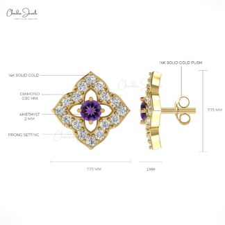 Round 2mm Cut Natural Amethyst Floral Studs, 0.10 Ct Pave Set Diamond Stud Earrings, 14k Solid Gold February Birthstone Gemstone Fine Jewelry