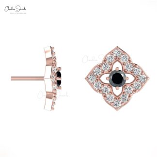 Dainty 0.06ct Black Diamond Floral Studs in 14k Solid Gold Genuine Diamond Mini Earrings
