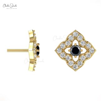 Dainty 0.06ct Black Diamond Floral Studs in 14k Solid Gold Genuine Diamond Mini Earrings