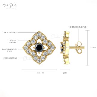 Dainty 0.06ct Black Diamond Floral Studs in 14k Solid Gold Genuine Diamond Mini Earrings