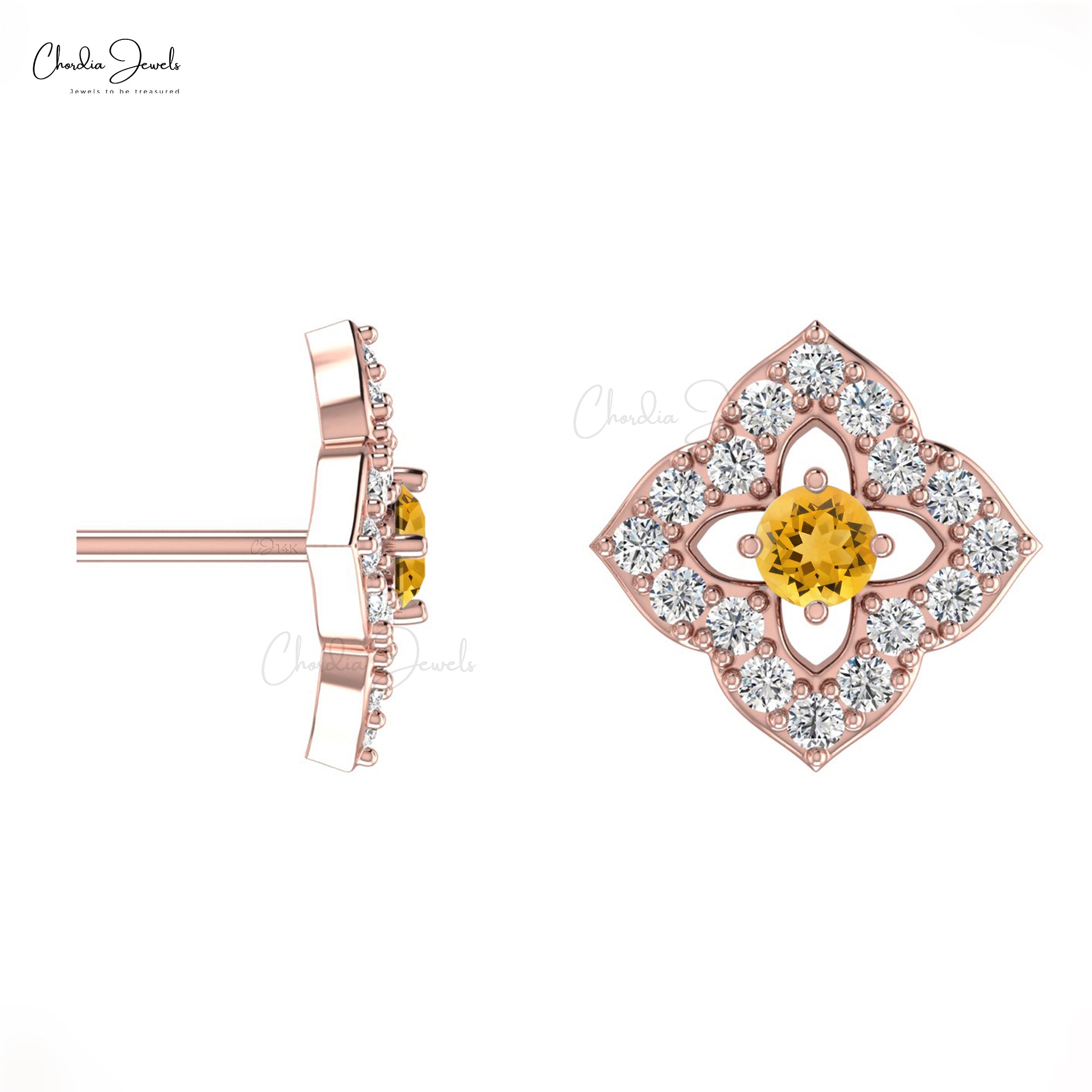 Genuine Floral Diamond Studs Earring 14k Real Gold 0.06ct Citrine Gemstone Small Earrings