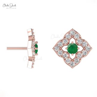 Floral Stud Earrings With Emerald Gemstone 14k Solid Gold Diamond Accents Earrings
