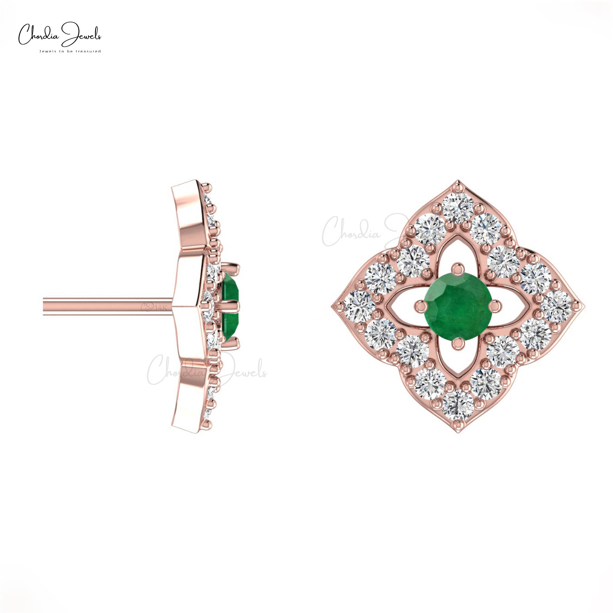 Floral Stud Earrings With Emerald Gemstone 14k Solid Gold Diamond Accents Earrings