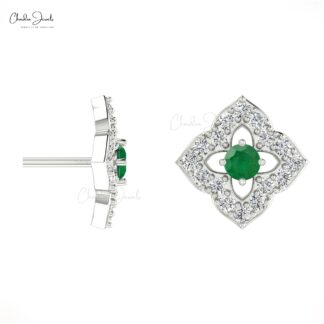 Floral Stud Earrings With Emerald Gemstone 14k Solid Gold Diamond Accents Earrings