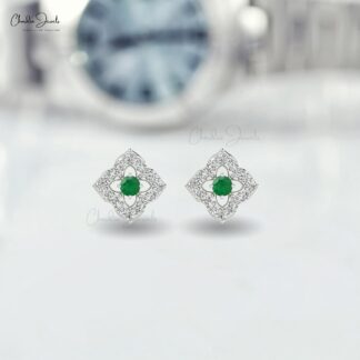 Floral Stud Earrings With Emerald Gemstone 14k Solid Gold Diamond Accents Earrings