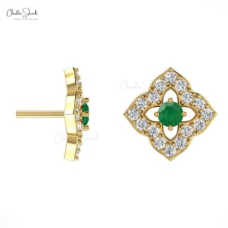 Floral Stud Earrings With Emerald Gemstone 14k Solid Gold Diamond Accents Earrings