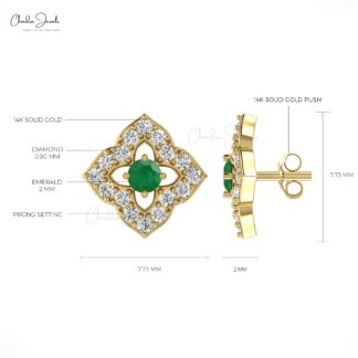 Floral Stud Earrings With Emerald Gemstone 14k Solid Gold Diamond Accents Earrings