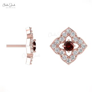 Excellent Round Cut Garnet & Diamond Stud Earrings In 14K Gold