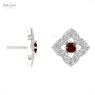 Excellent Round Cut Garnet & Diamond Stud Earrings In 14K Gold