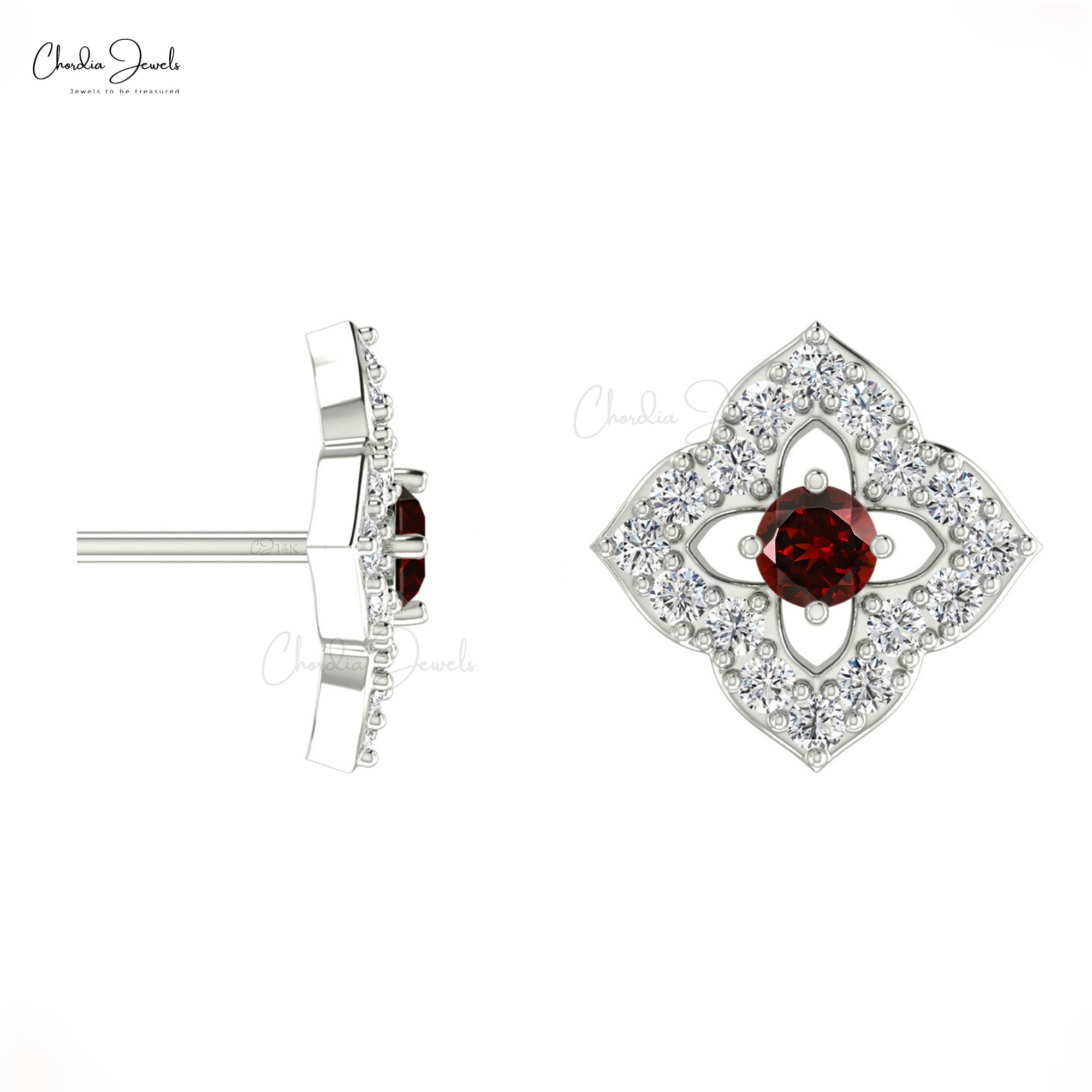 Excellent Round Cut Garnet & Diamond Stud Earrings In 14K Gold