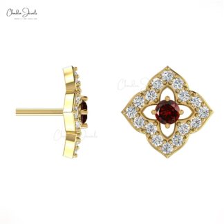 Excellent Round Cut Garnet & Diamond Stud Earrings In 14K Gold