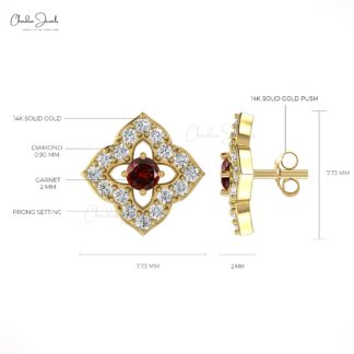 Excellent Round Cut Garnet & Diamond Stud Earrings In 14K Gold
