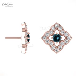 Natural London Blue Topaz Floral Earrings 14k Real Gold Diamond Studs For Anniversary Gift
