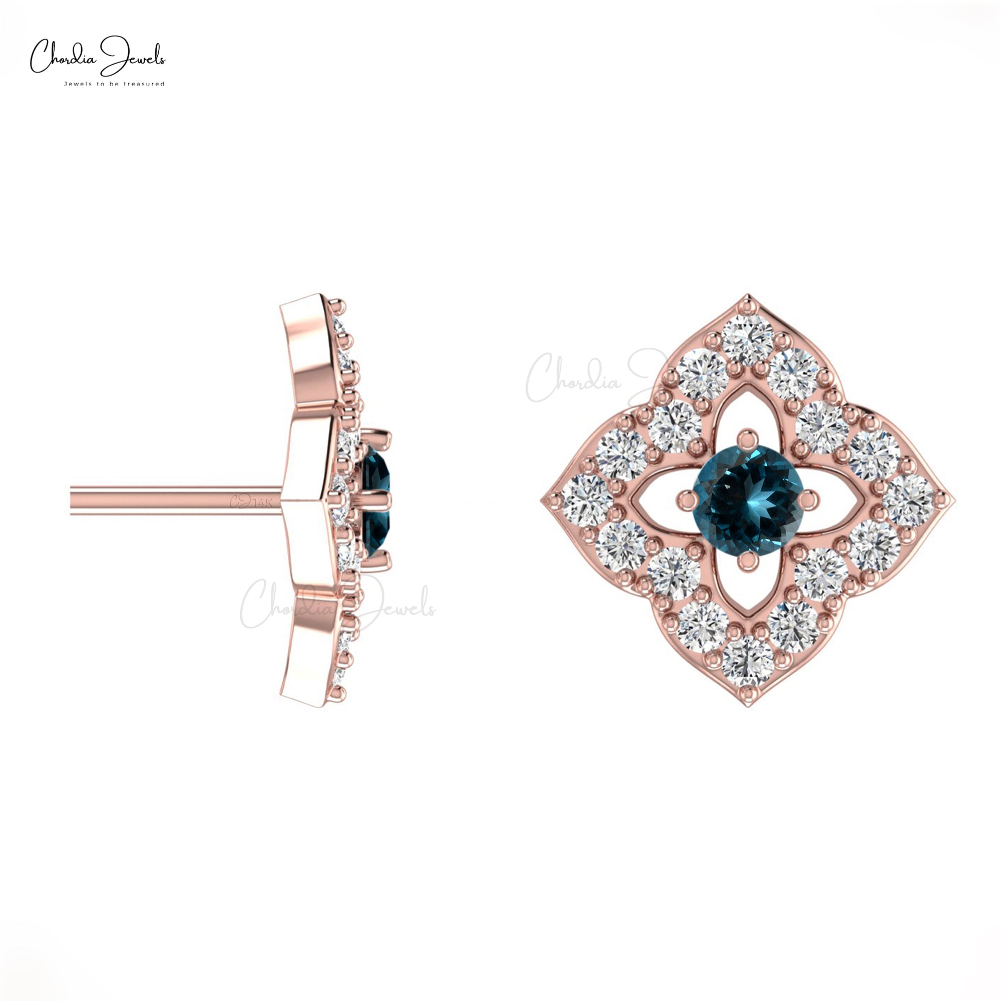 Natural London Blue Topaz Floral Earrings 14k Real Gold Diamond Studs For Anniversary Gift