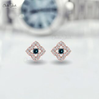 Natural London Blue Topaz Floral Earrings 14k Real Gold Diamond Studs For Anniversary Gift