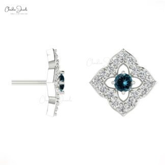 Natural London Blue Topaz Floral Earrings 14k Real Gold Diamond Studs For Anniversary Gift
