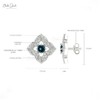 Natural London Blue Topaz Floral Earrings 14k Real Gold Diamond Studs For Anniversary Gift