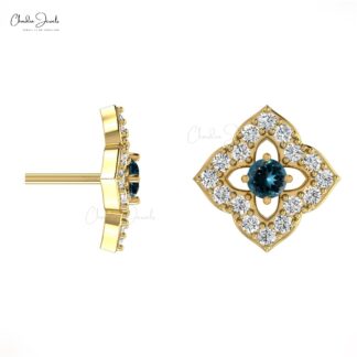 Natural London Blue Topaz Floral Earrings 14k Real Gold Diamond Studs For Anniversary Gift