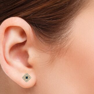 Natural London Blue Topaz Floral Earrings 14k Real Gold Diamond Studs For Anniversary Gift