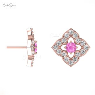 Authentic 2mm Pink Sapphire & Diamond Floral Studs 14k Real Gold Charm Earrings For Women