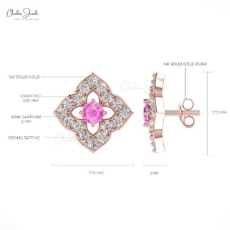 Authentic 2mm Pink Sapphire & Diamond Floral Studs 14k Real Gold Charm Earrings For Women