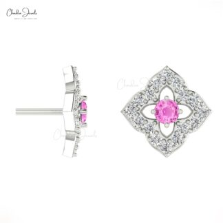 Authentic 2mm Pink Sapphire & Diamond Floral Studs 14k Real Gold Charm Earrings For Women