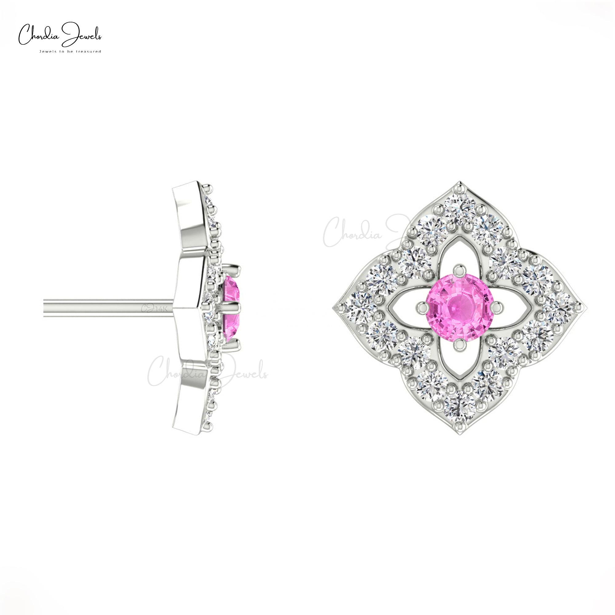 Authentic 2mm Pink Sapphire & Diamond Floral Studs 14k Real Gold Charm Earrings For Women