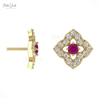 High Class Ruby Stud Earrings with Diamond in 14K Gold
