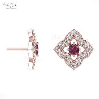 High Quality 14K Gold Rhodolite Garnet & Round Diamond Stud Earring in Prong Set