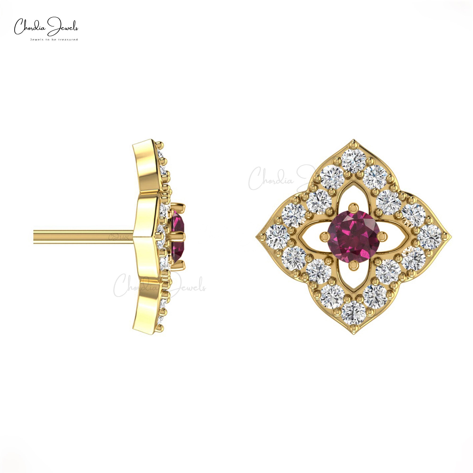 High Quality 14K Gold Rhodolite Garnet & Round Diamond Stud Earring in Prong Set