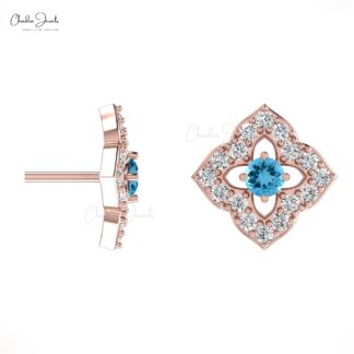 2MM Round Cut Swiss Blue Topaz & Diamond Stud Earrings For Woman