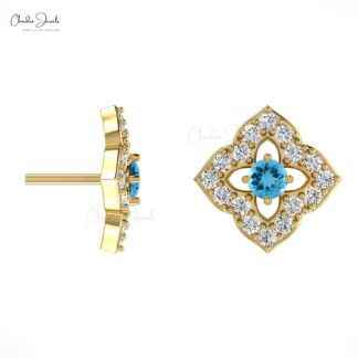 2MM Round Cut Swiss Blue Topaz & Diamond Stud Earrings For Woman