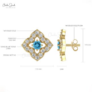 2MM Round Cut Swiss Blue Topaz & Diamond Stud Earrings For Woman