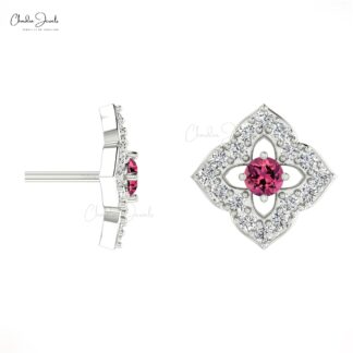 Natural Pink Tourmaline Floral Studs 2mm Round Cut Gemstone Minimal Earrings 14k Real Gold Diamond Summer Jewelry For Anniversary Gift