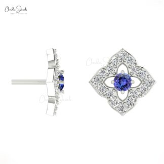 Elegant Floral Tanzanite Studs with Diamonds Accent 14k Gold Charm Jewelry Anniversary Gift
