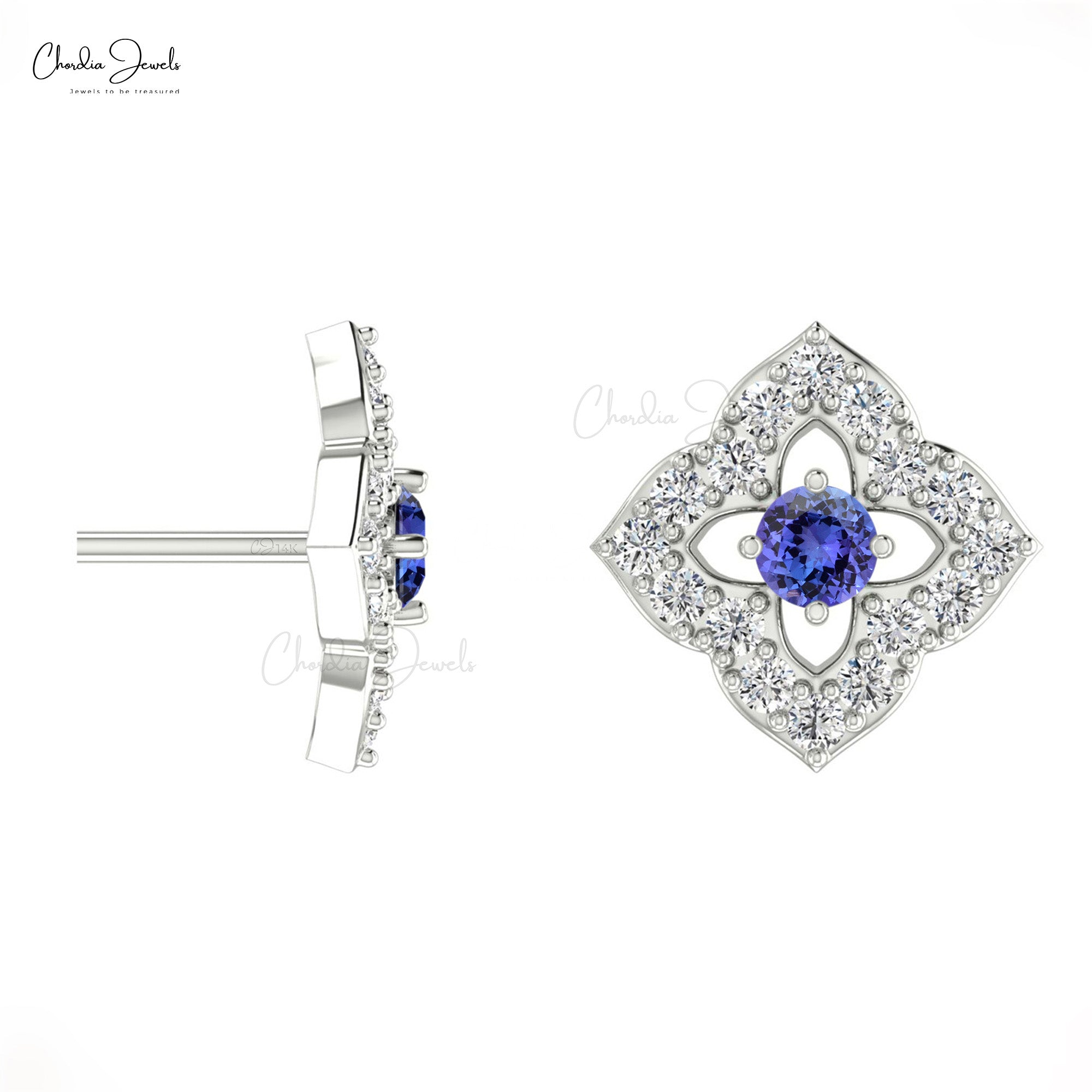 Elegant Floral Tanzanite Studs with Diamonds Accent 14k Gold Charm Jewelry Anniversary Gift