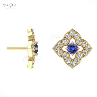 Elegant Floral Tanzanite Studs with Diamonds Accent 14k Gold Charm Jewelry Anniversary Gift