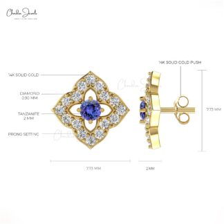 Elegant Floral Tanzanite Studs with Diamonds Accent 14k Gold Charm Jewelry Anniversary Gift